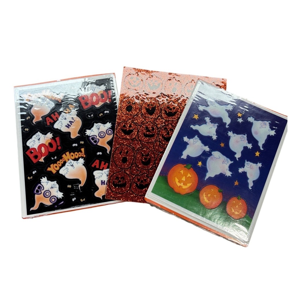 Vintage Hallmark Halloween Sticker Lot Ghost Pumpkin Glitter Boo 8 Sheets